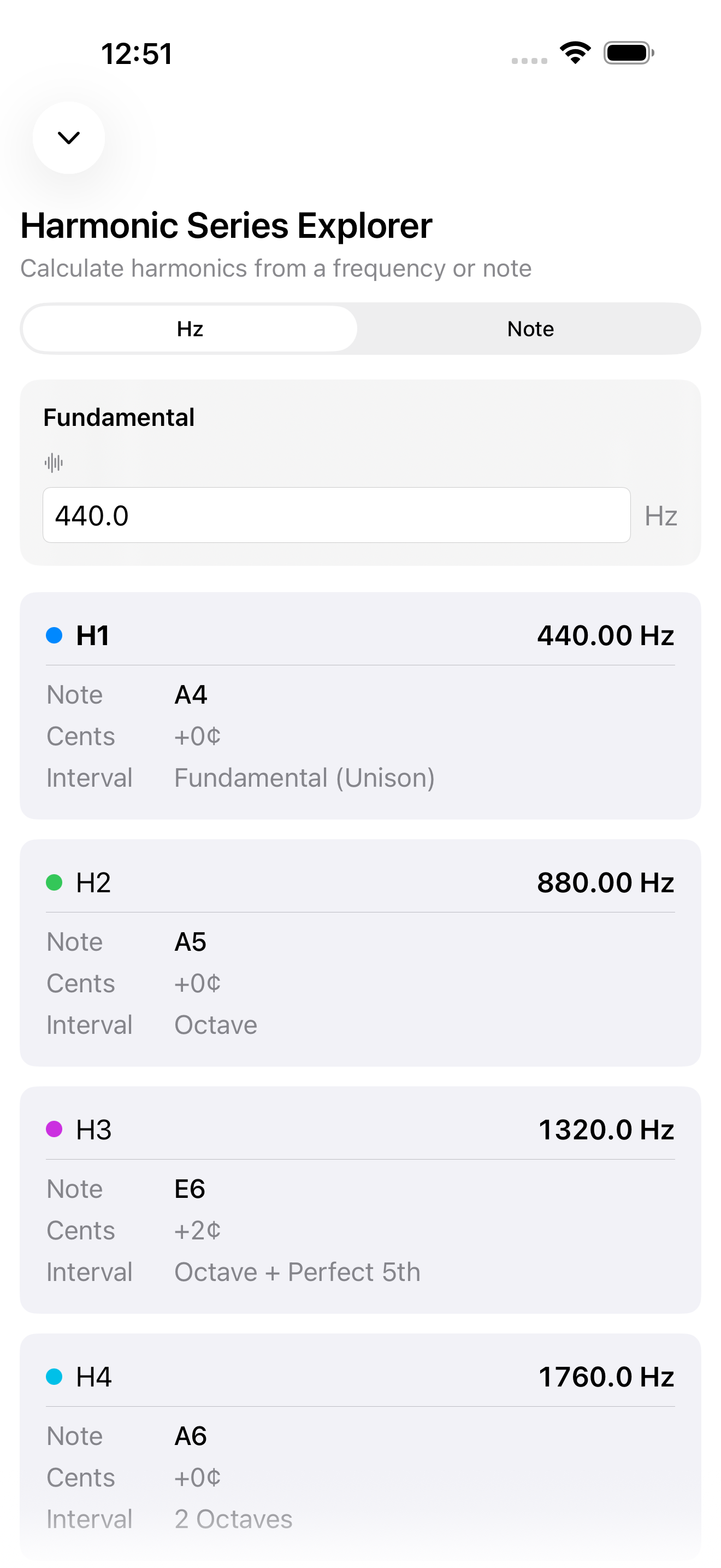 Harmonic series screen on iPhone